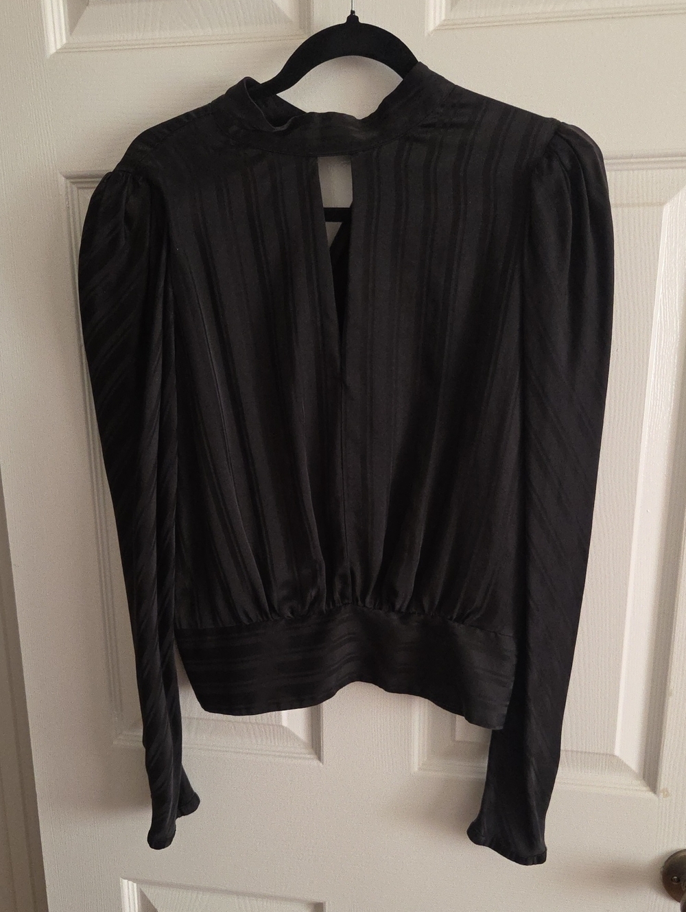 Frame Denim Black Satin Stripe Long-Sleeve Blouse